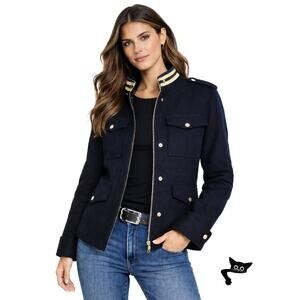 Zadig & Voltaire Military Jacket Navy Blue Gold  Stand Collar Epaulettes Preppy